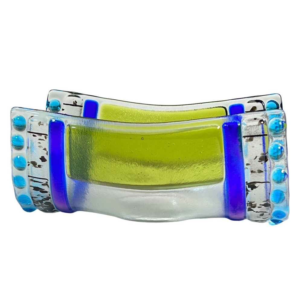 Contemporary Handmade Fused Glass Napkin Candle Holder Modern Blue Green Clear